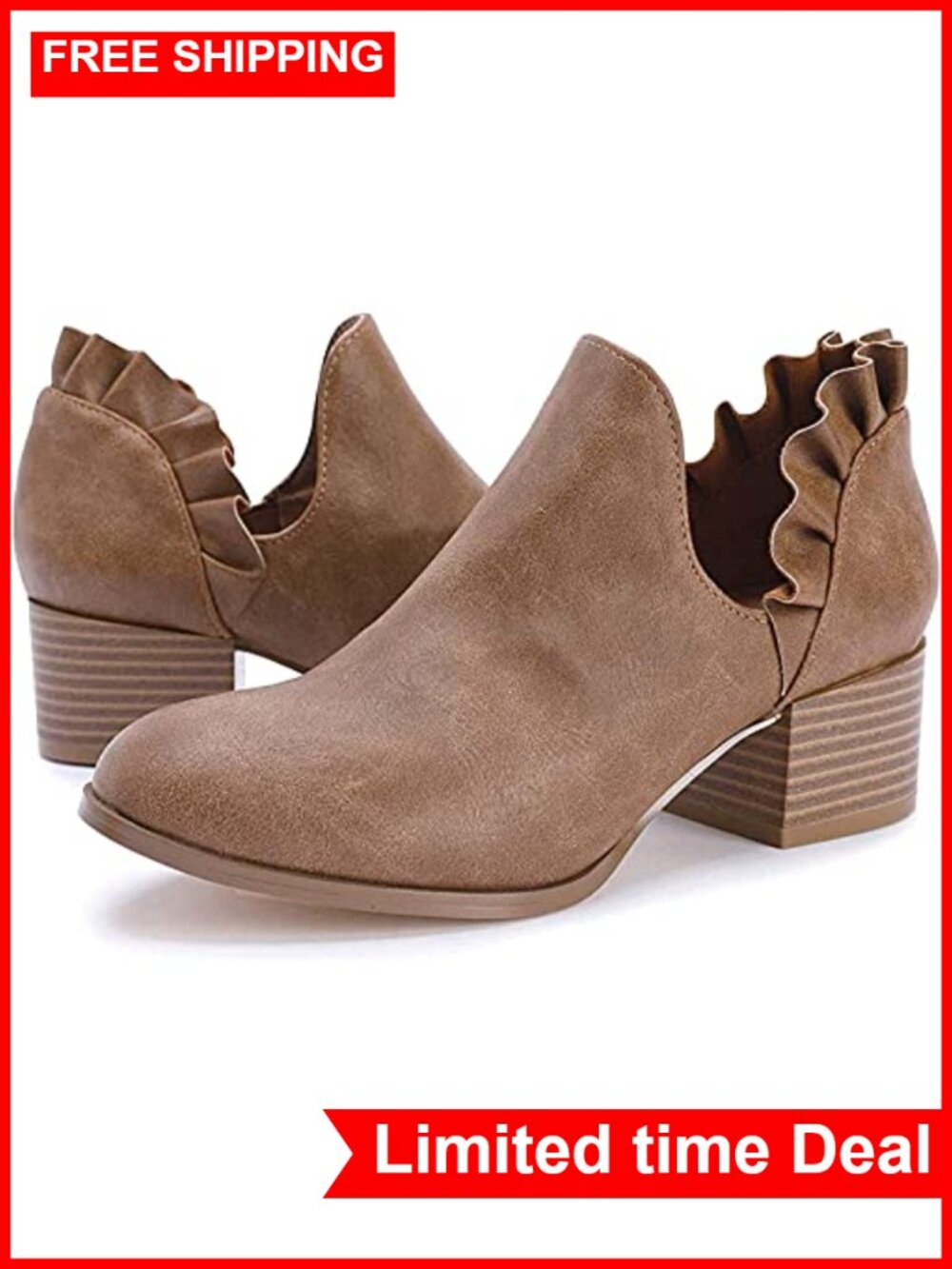 Faux Leather Cutout Ankle Booties Stacked Heel Ruffle Slip On